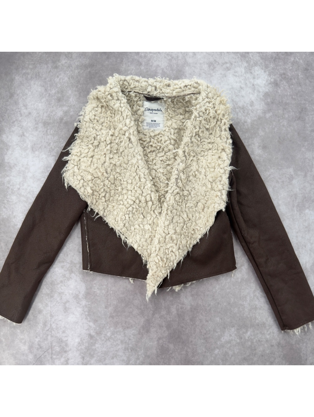 Aeropostale Y2K Faux Suede Sherpa Trim Open Front Jacket Medium